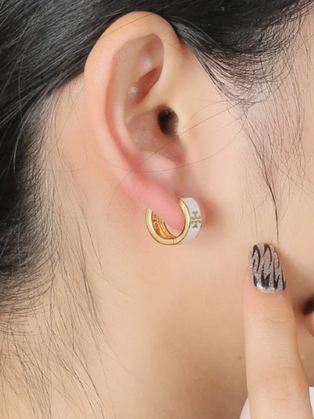 Designer Inspired Gold Hoop Earrings with Black or White Enamel